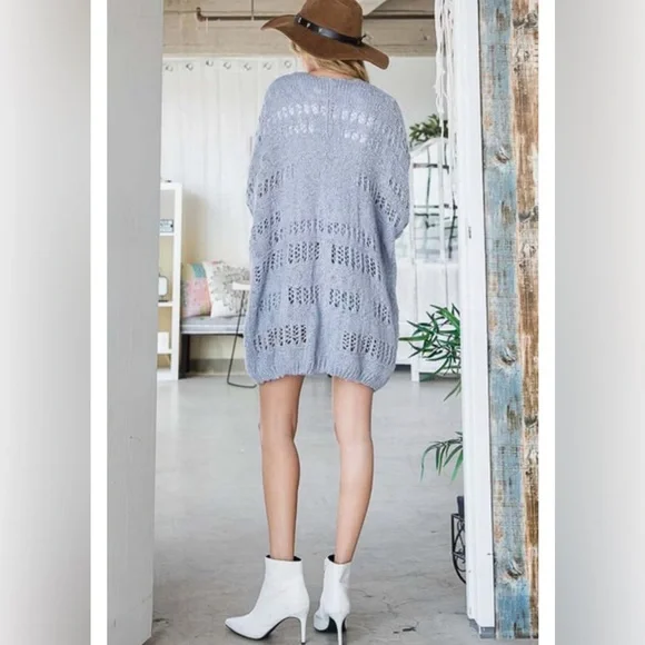 Bucketlist Holes Pattern Oversized Cardigan Medium Cool Blue Romantic Bohemian - Picture 4 of 14